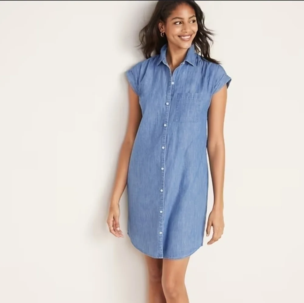 100%Cotton Chambray Cap-Sleeve Shirt Dress Size Medium Casual Lounge Coastal - Picture 1 of 11
